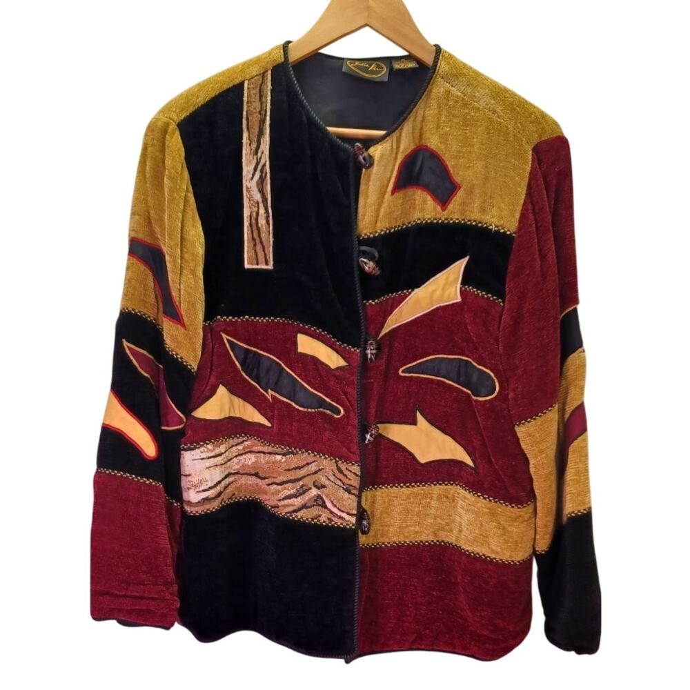Vtg Julia Kim Velvet Appliqued Patchwork Jacket Wearable Art Bohemian Coat Small
